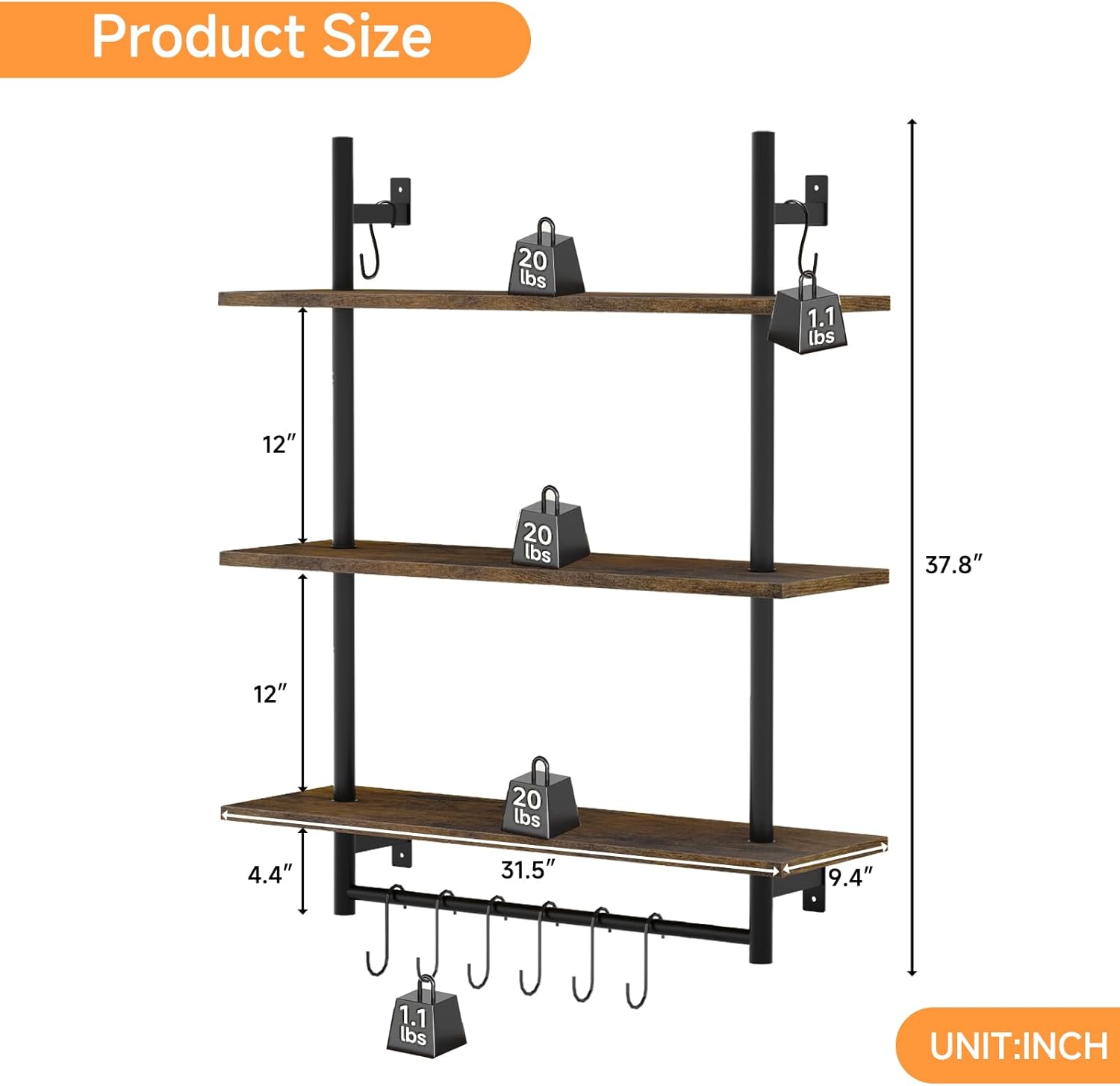 3 Tier Floating Wall Shelves with Towel Bar for Kitchen and Bathroom