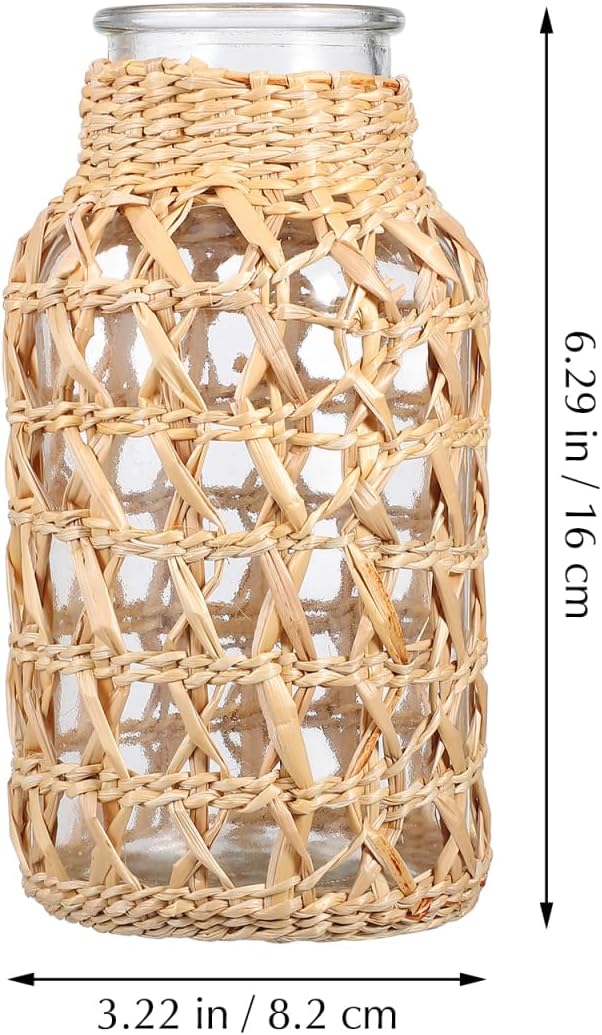 Angoily Glass Flower Vase with Rattan Woven Design