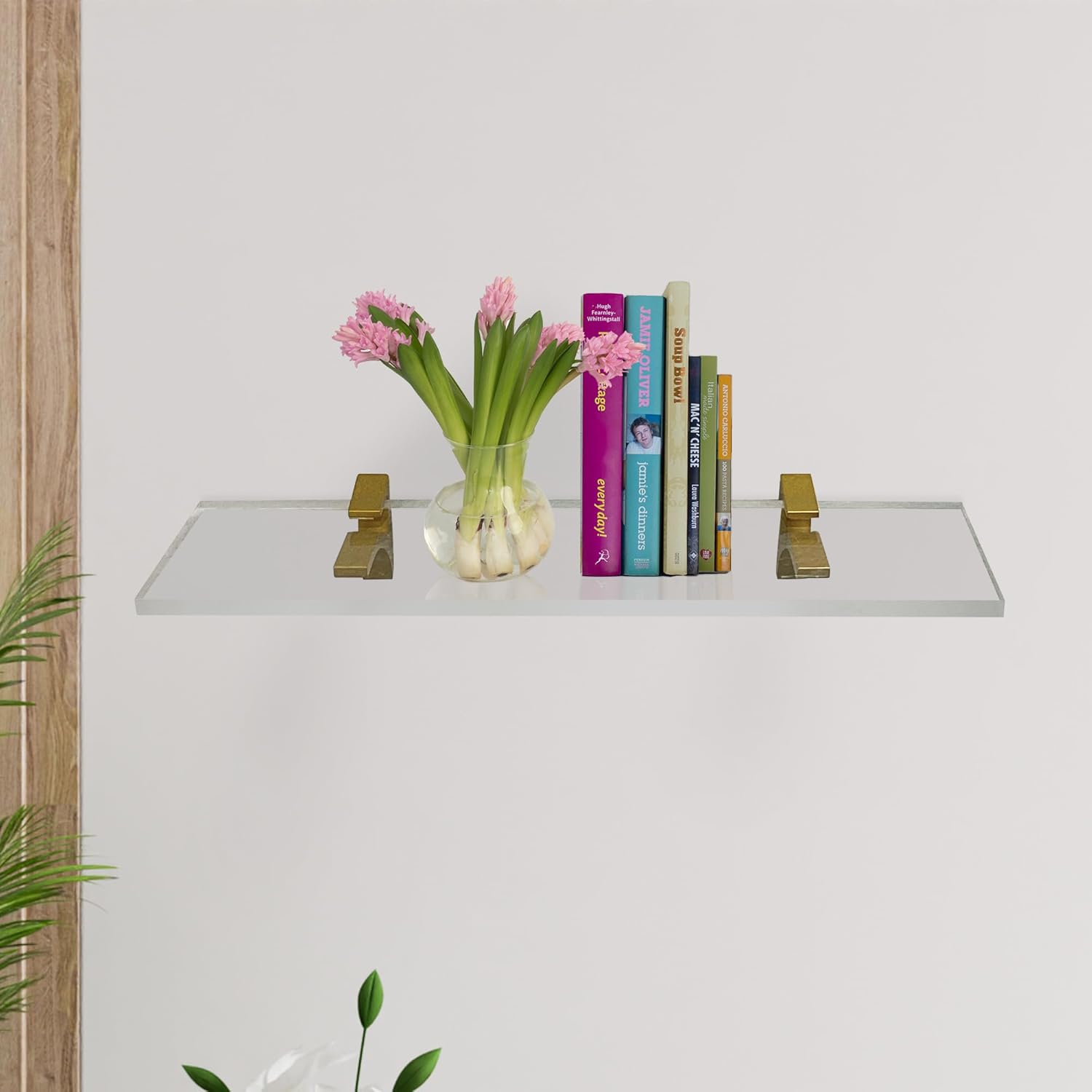 Clear Acrylic Shelf 6x18 Inches Floating Wall Mount with Brass Brackets