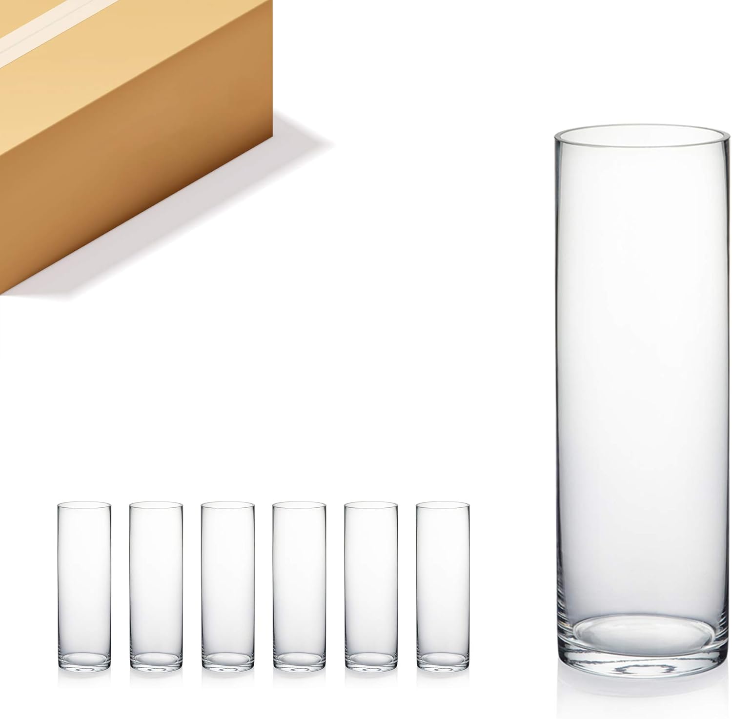 WGVI Quality Thick Weighted Clear Cylinder Glass Vases 6 Pcs