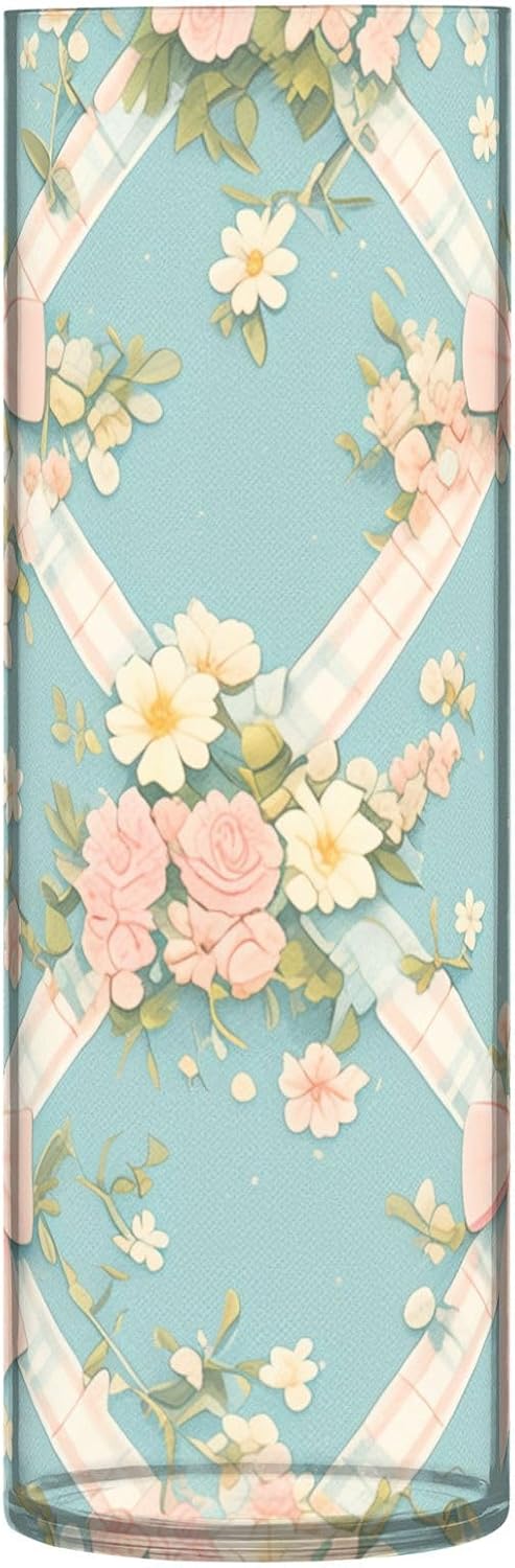 Vintage Pastel Pink Bows Wildflowers Blue Plastic Vase for Centerpieces