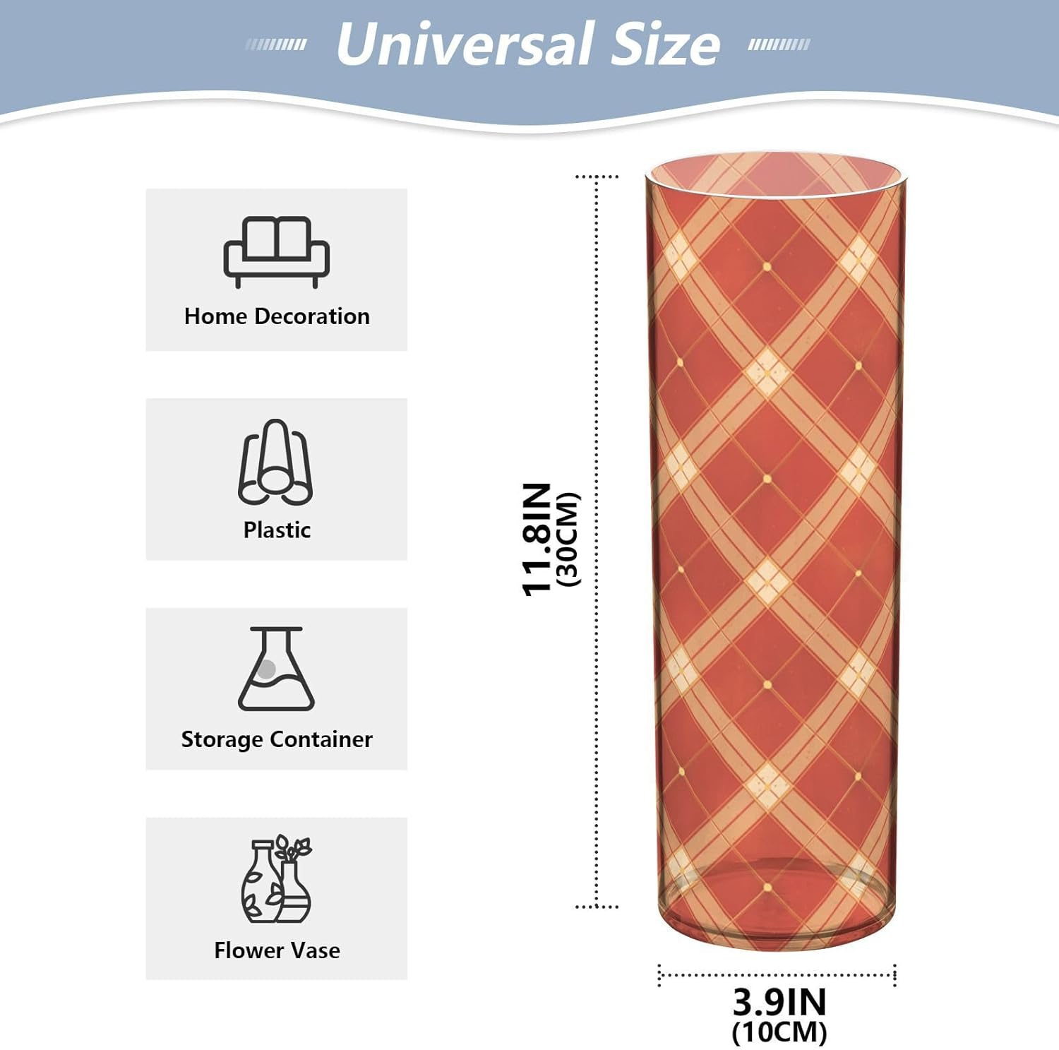 Chequer Pattern Red Gold Plastic Cylinder Vase 118x39 Inch