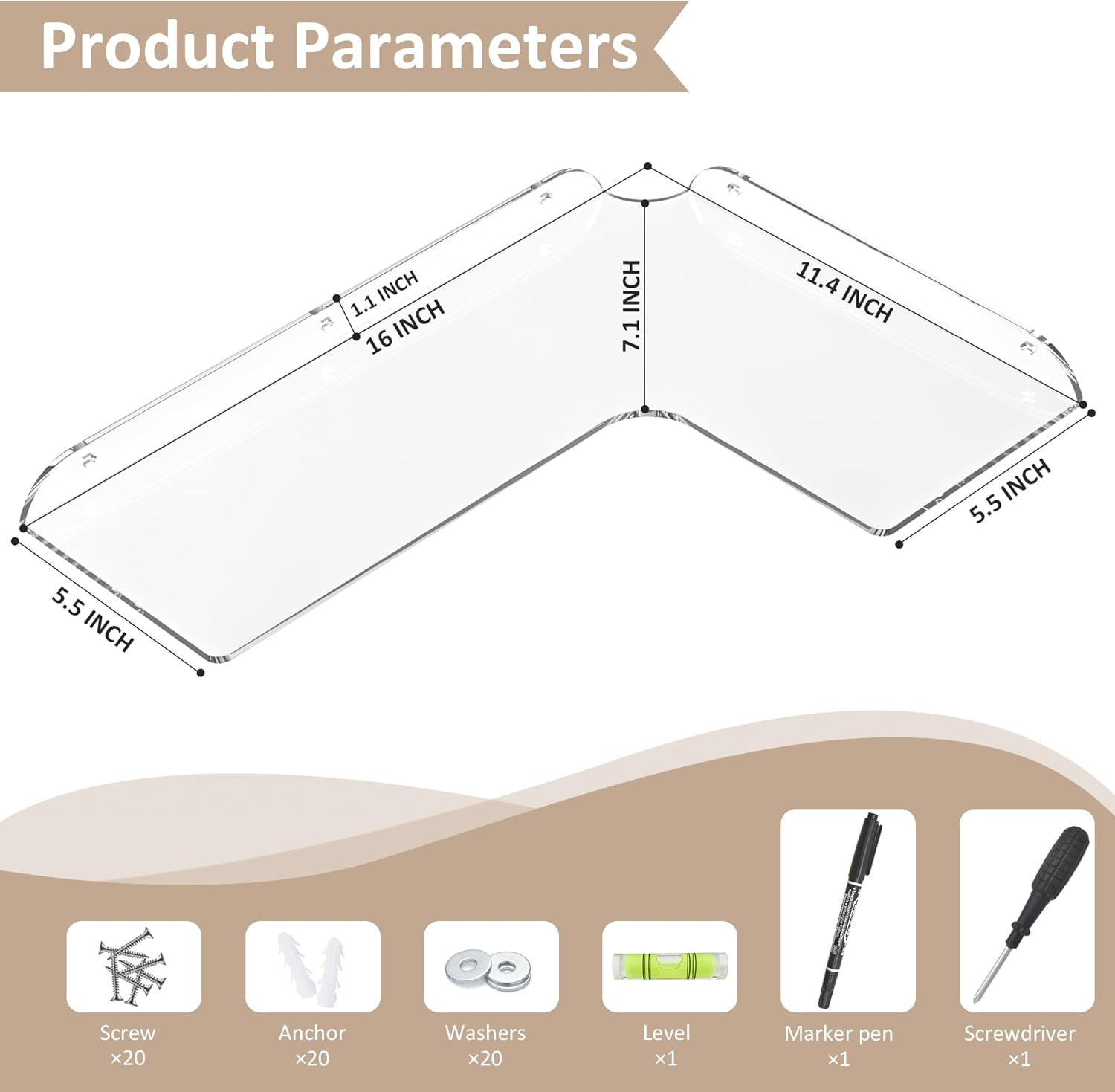 114x16 Inch Clear Acrylic Corner Shelf Set of 4 for Home Organization