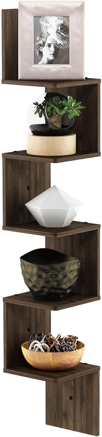Furinno Rossi 5-Tier Wall Mount Corner Shelf Columbia Walnut
