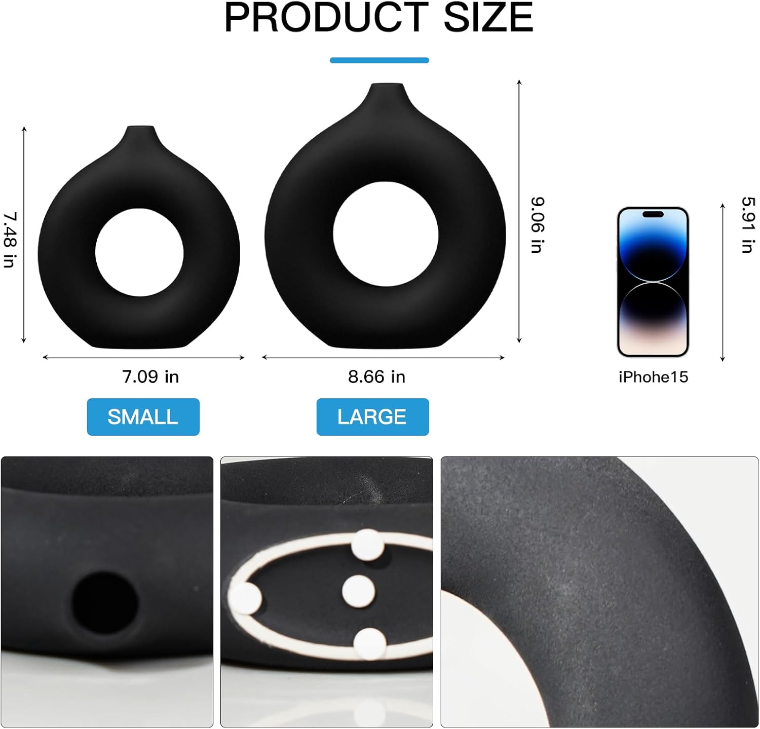 CozyKoala Matte Black Ceramic Donut Vase Set of 2