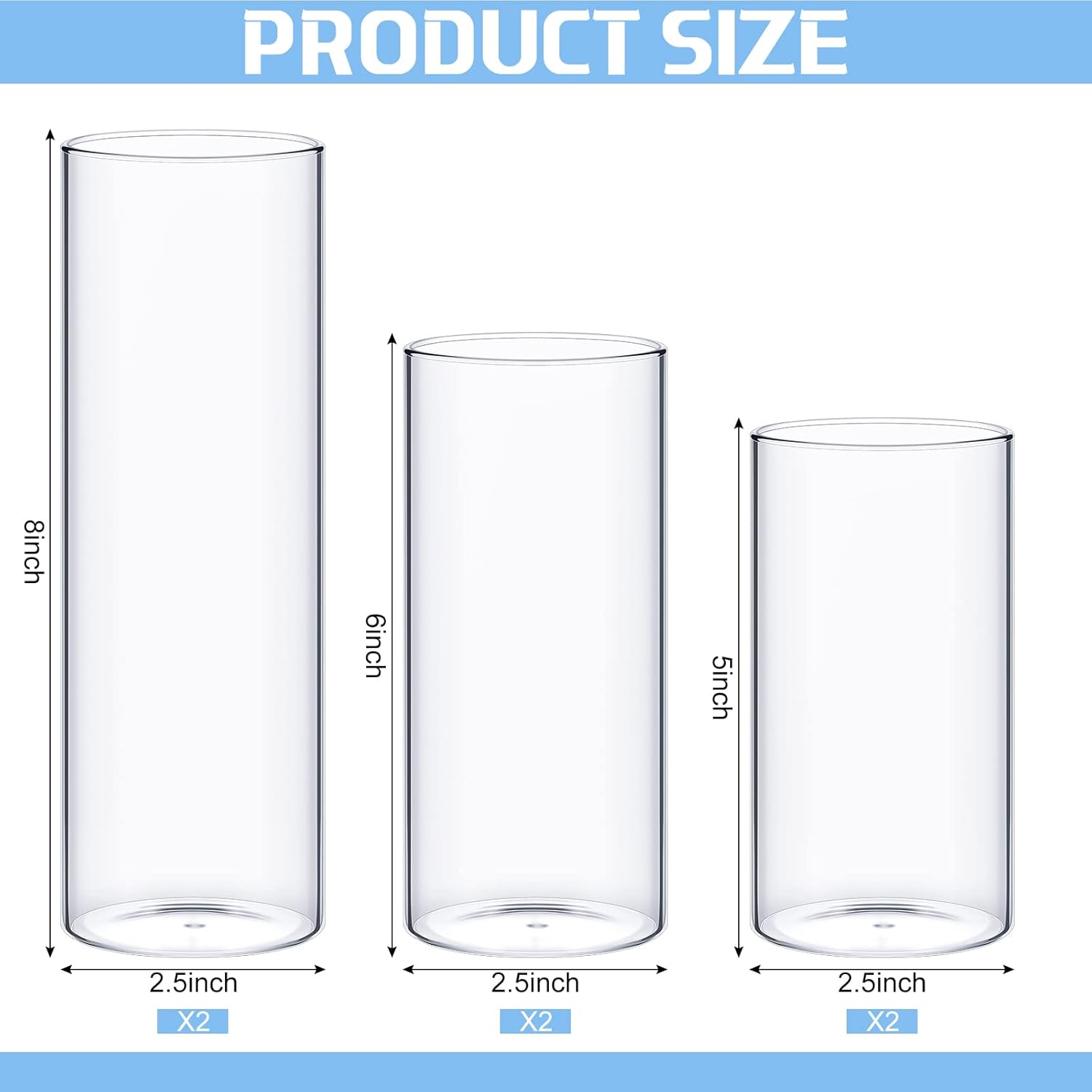 6 Pcs Glass Cylinder Vases for Centerpieces 5 6 8 Inch Tall Clear Decor Vases