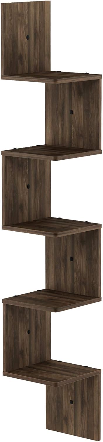 Furinno Rossi 5-Tier Wall Mount Corner Shelf Columbia Walnut
