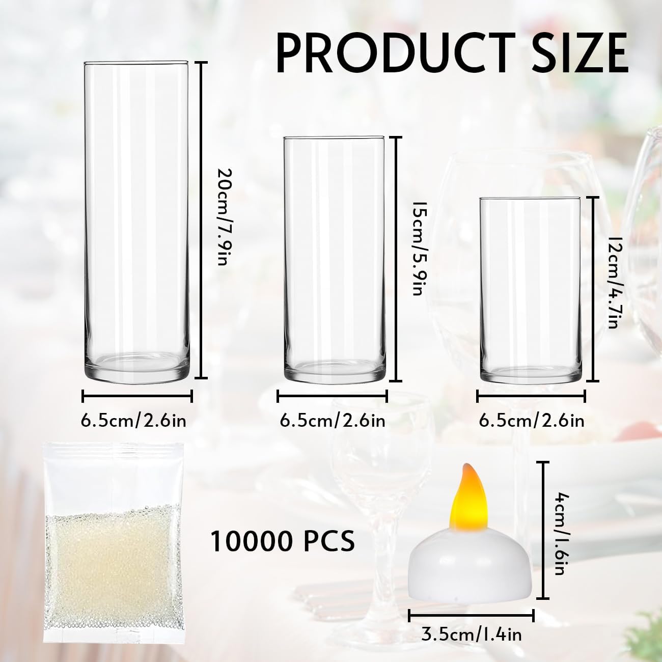 6 Set Glass Cylinder Vases with Floating Candles and Water Filler Beads