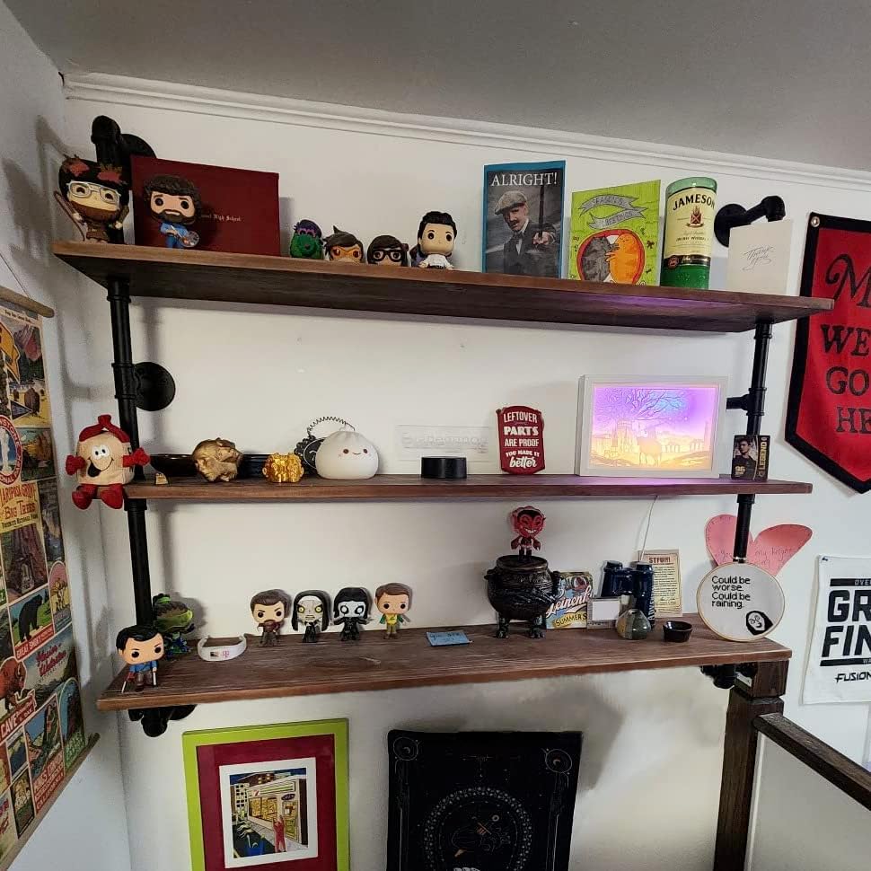 Industrial Pipe Floating Shelf with Solid Wood 48 Inch Wall Mount