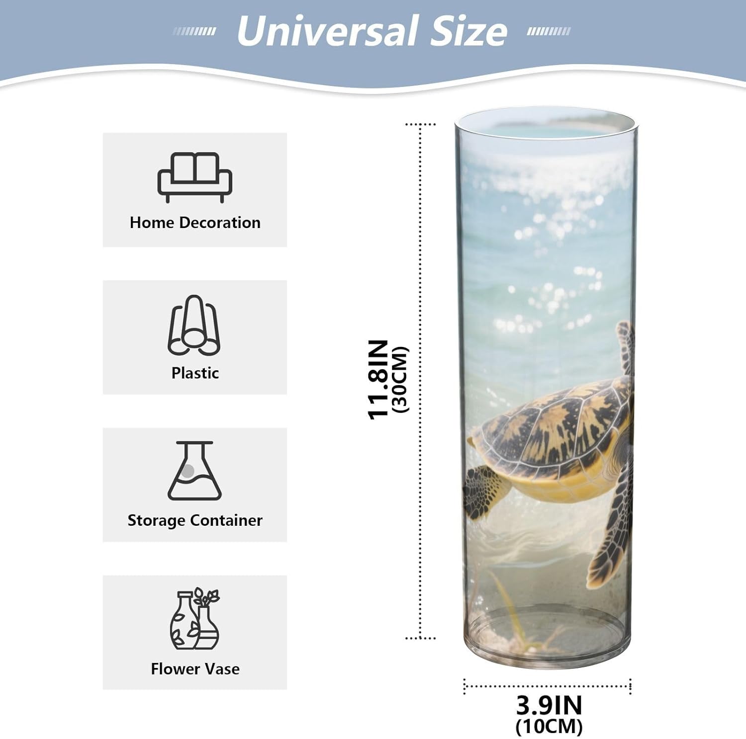 Swimming Sea Turtle Plastic Cylinder Vase 118 Inch Tall Clear