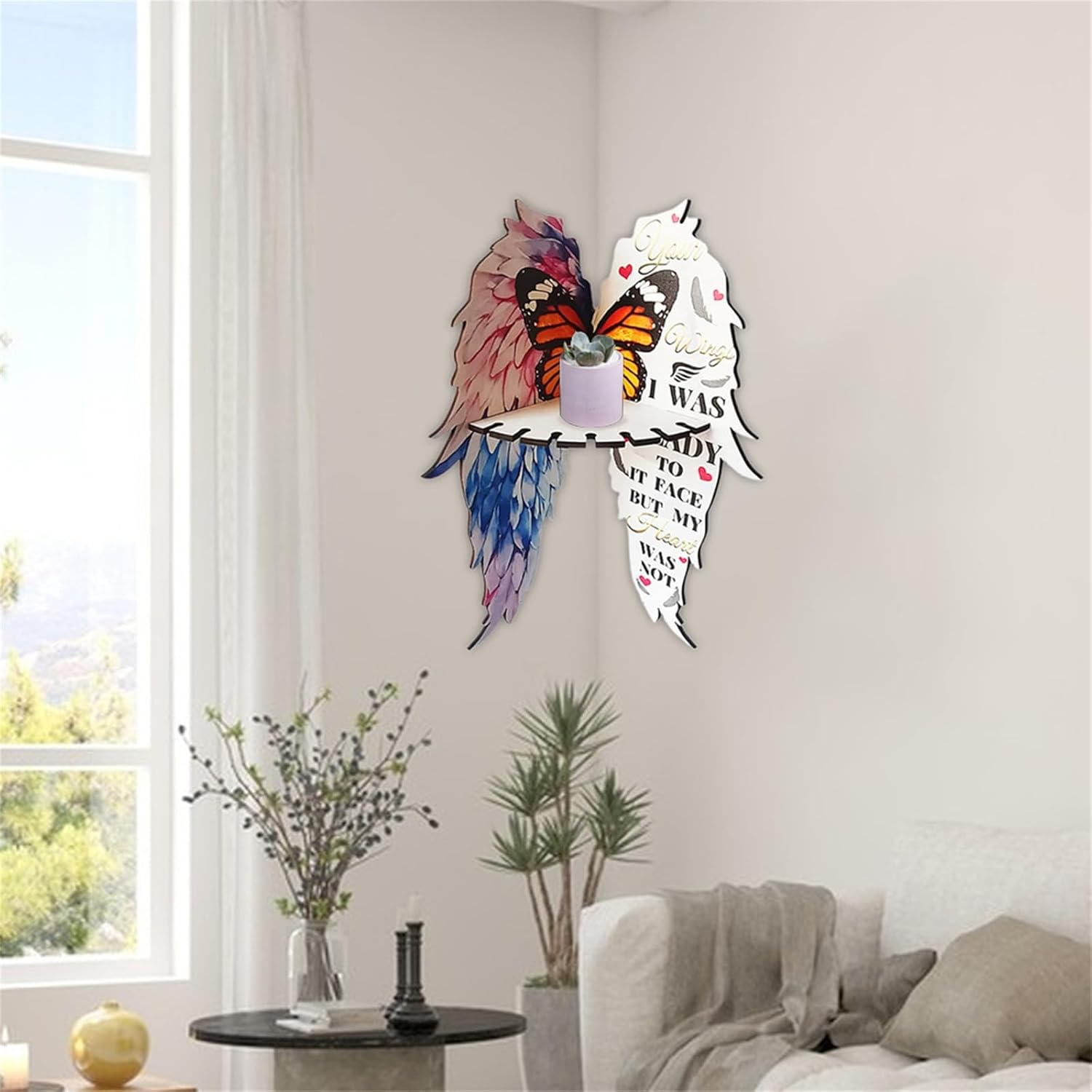 Wooden Floating Corner Shelf with Butterfly Design