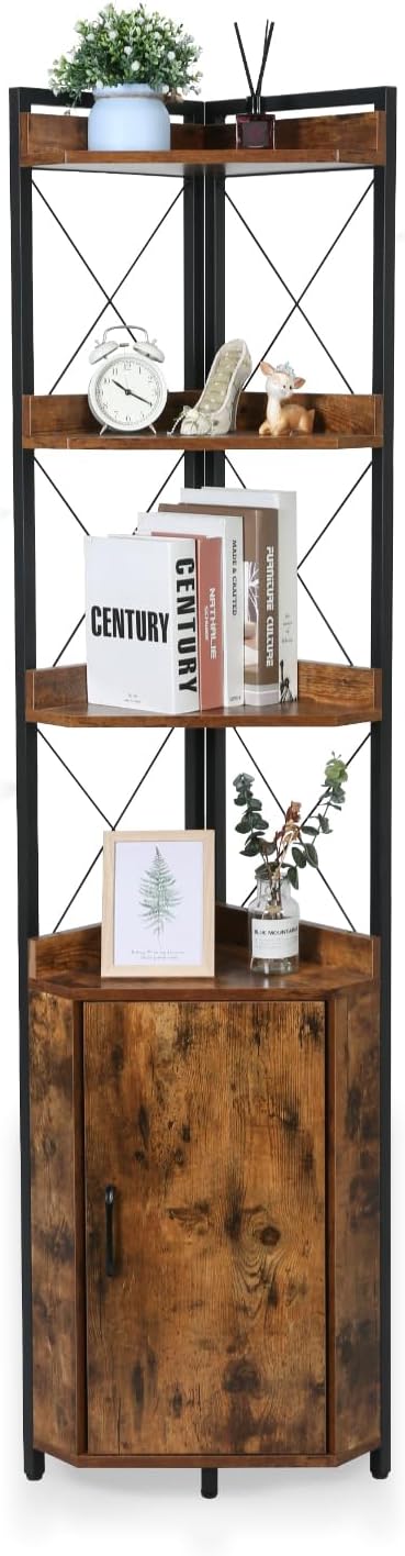 OUTREE Tall Corner Shelf with Doors and Plant Stand