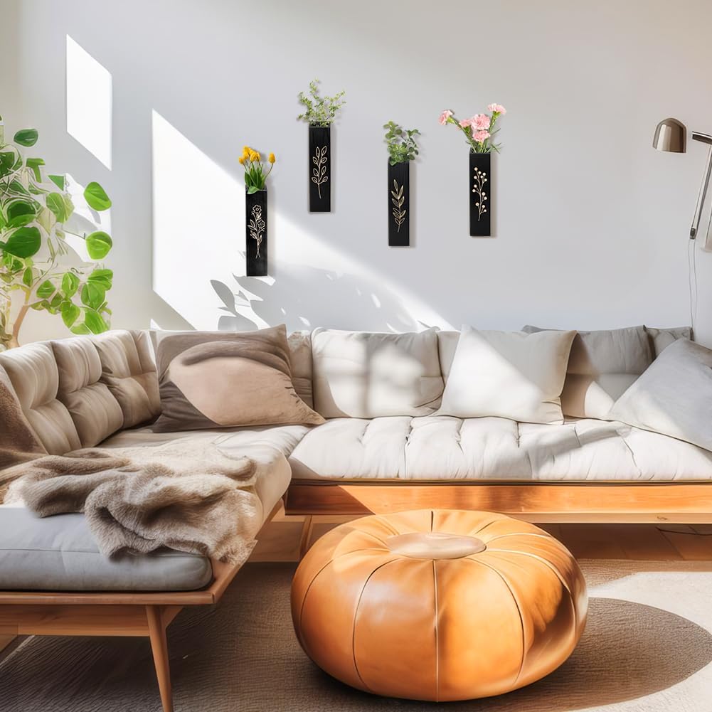 Peacoblue 4 Pack Wooden Wall Planters Black