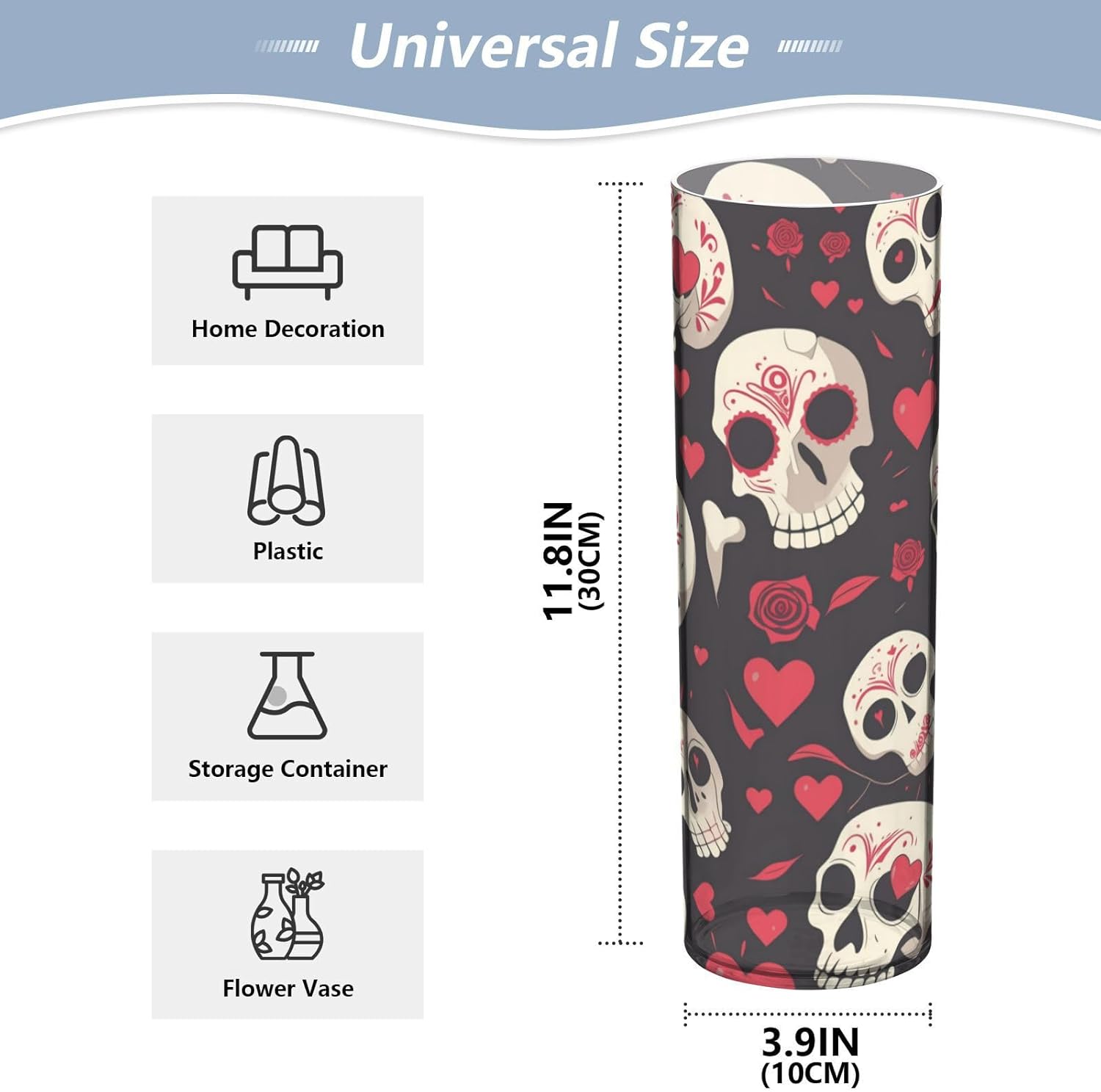Skull Heart Flower Vase 118 x 39 Inch Decorative Cylinder for Home Kitchen Living Room