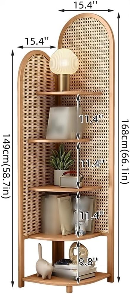5 Tier Rattan Corner Shelf Multi Functional Bookshelf Triangular Living Room Decor