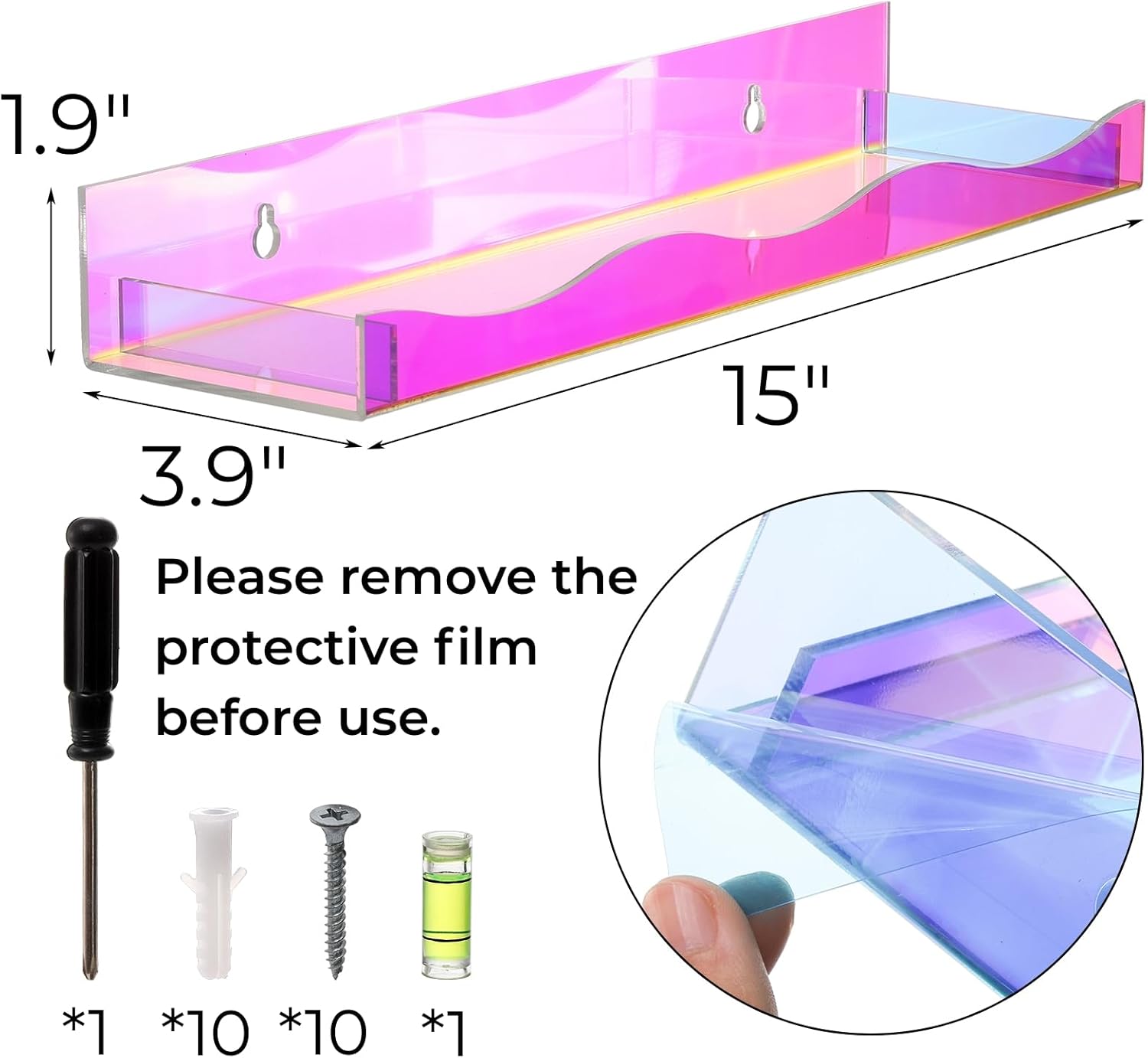 Hiceeden 4 Pack 15 Inch Iridescent Acrylic Floating Shelves for Kids Room and Display