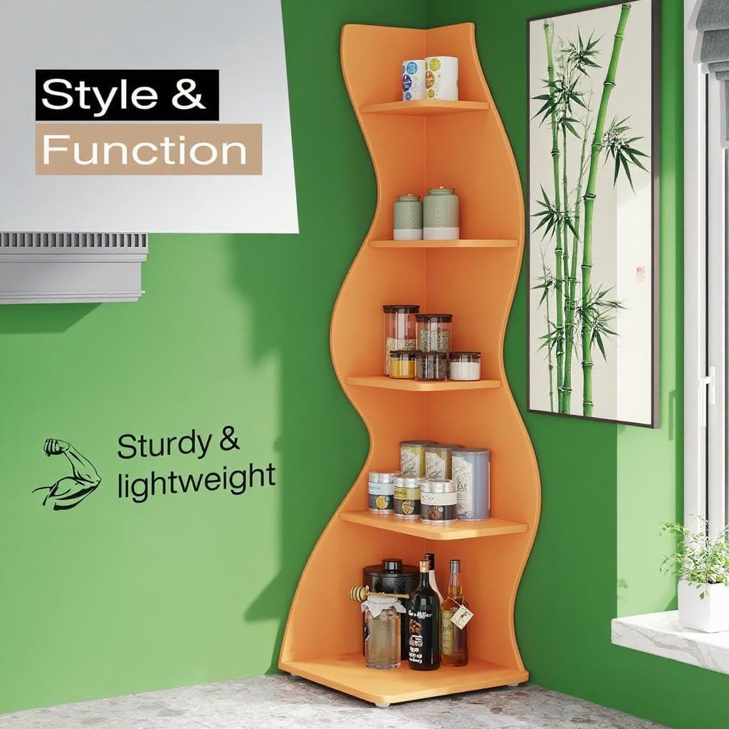 5-Tier Corner Bookshelf Modern Wave Shape Display Unit Orange