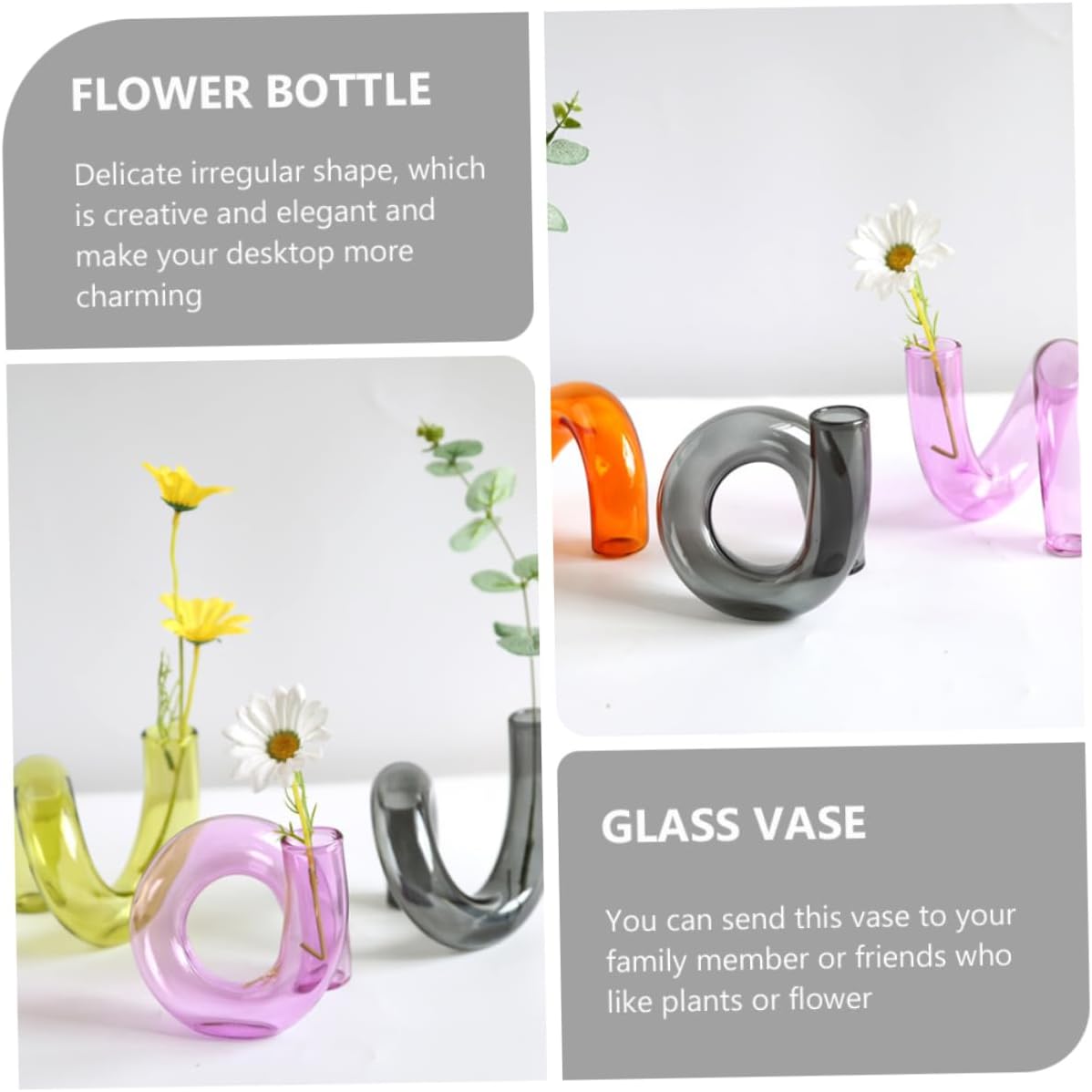 GLEAVI Irregular Glass Vase for Dried Flowers Creative Home Decor Grey