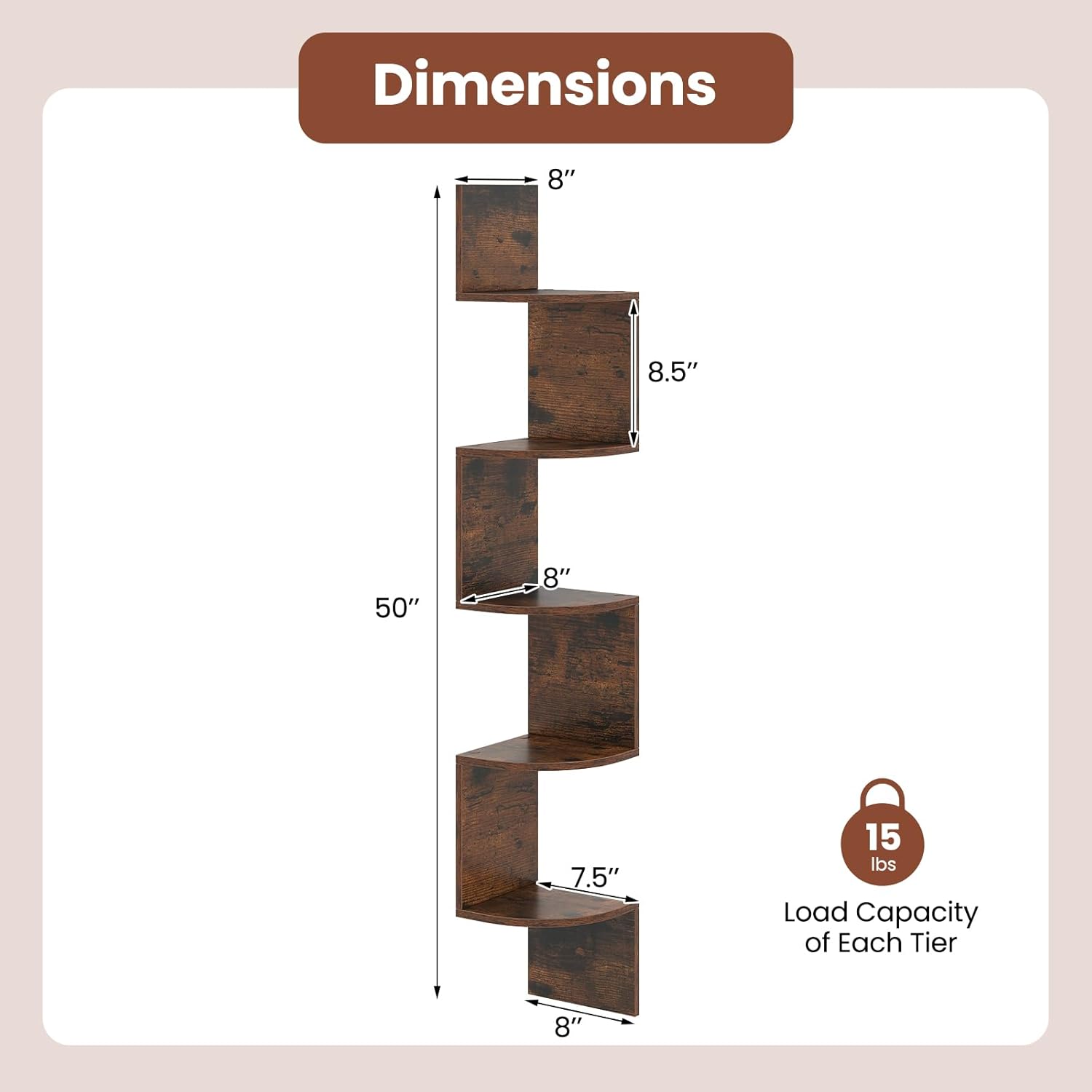 Giantex 5-Tier Floating Corner Bookshelf Wall Mounted Storage Organizer Rustic Brown
