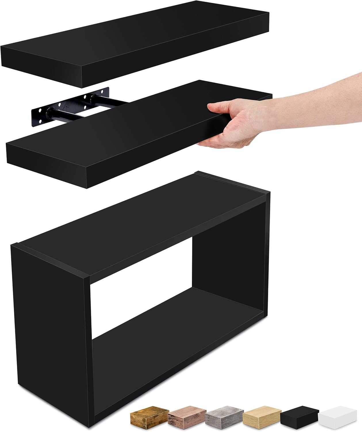 Sorbus Floating Wall Shelf Set - 2 Shelves with Invisible Brackets and 1 Rectangular Box Black