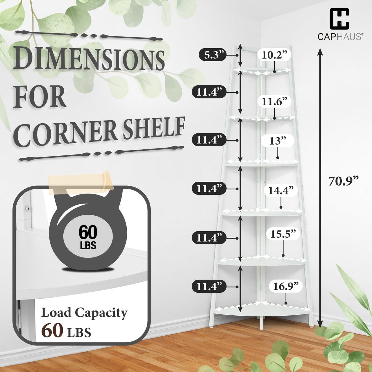 CAPHAUS 6-Tier Corner Shelf Stand Tall White Bookcase with Metal Frame