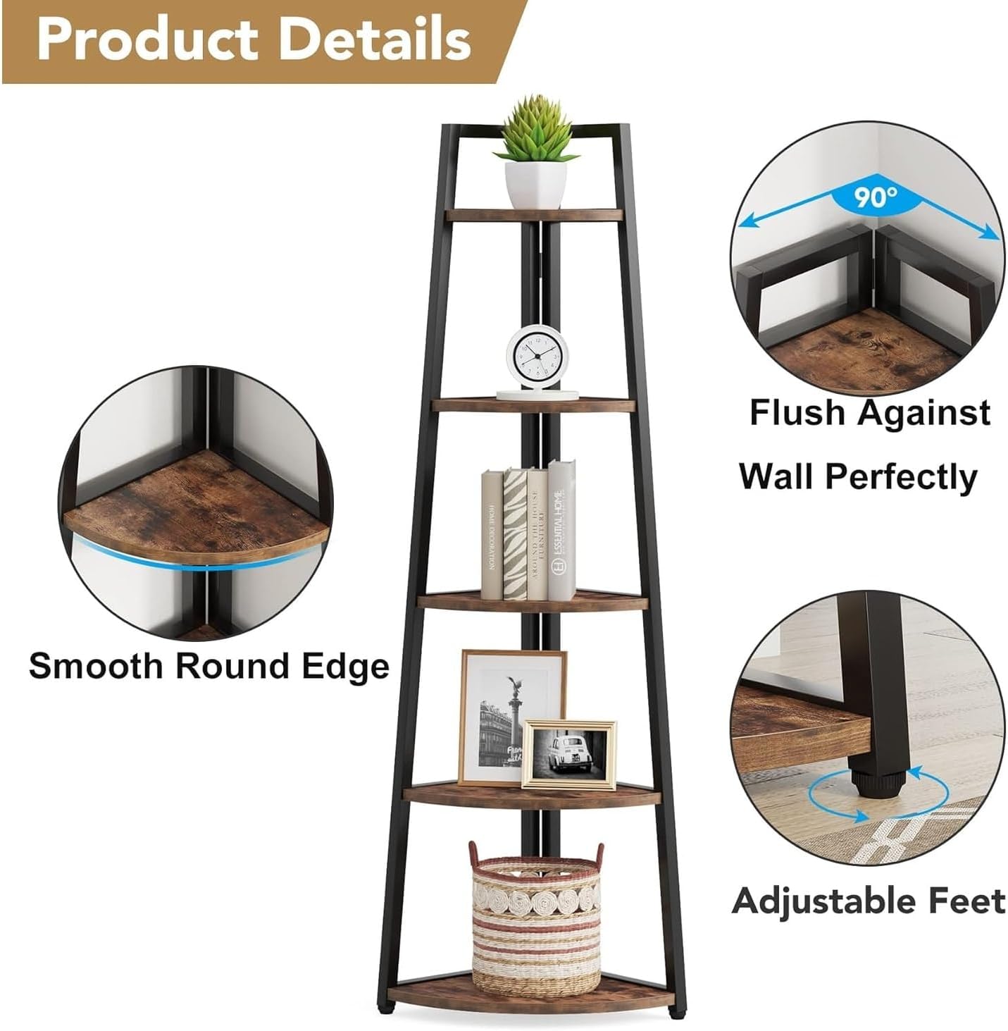 70 Inch Tall Corner Shelf with 5 Tiers Modern Rustic Bookcase for Living Room