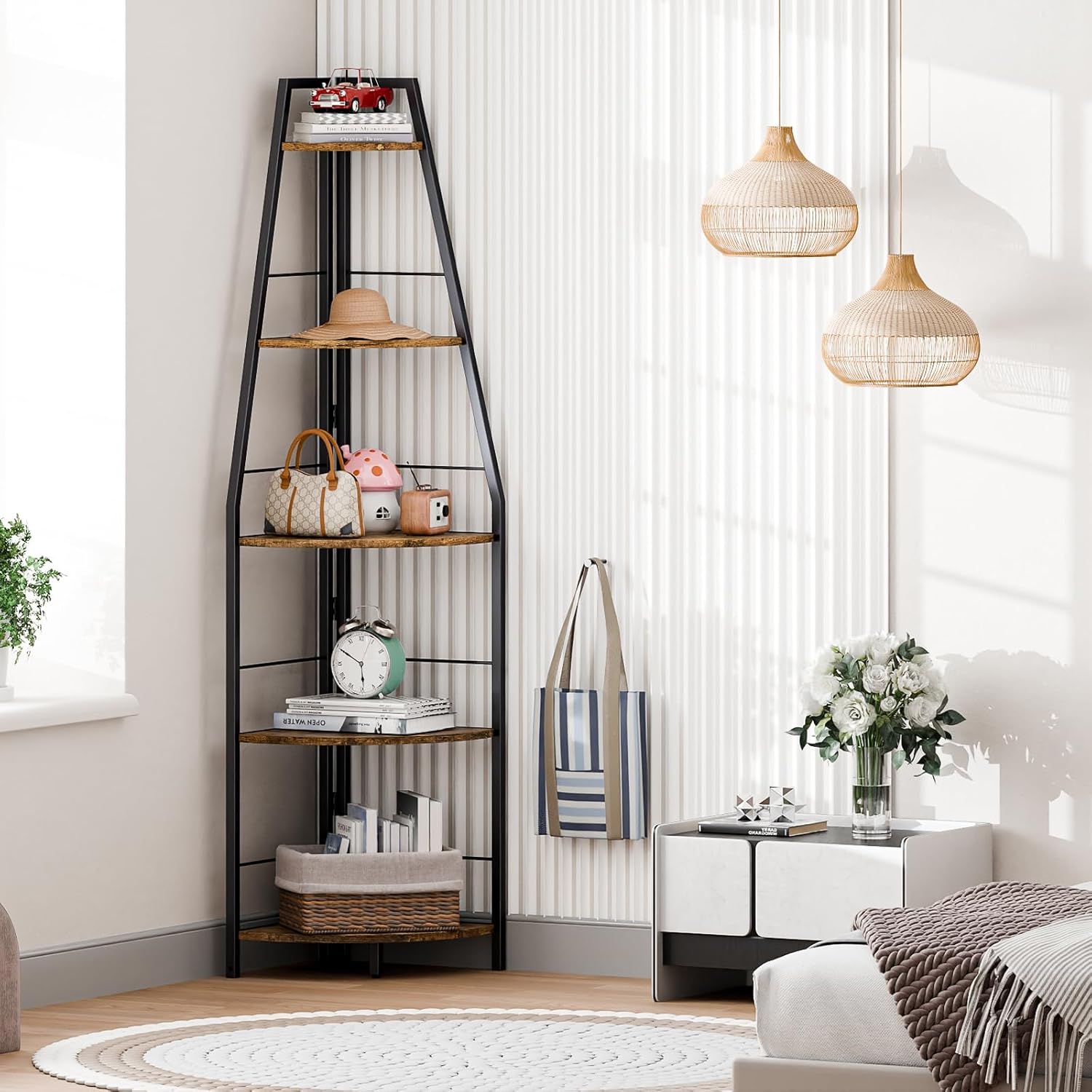 Rustic Tall Corner Ladder Shelf 5 Tier Industrial Bookshelf