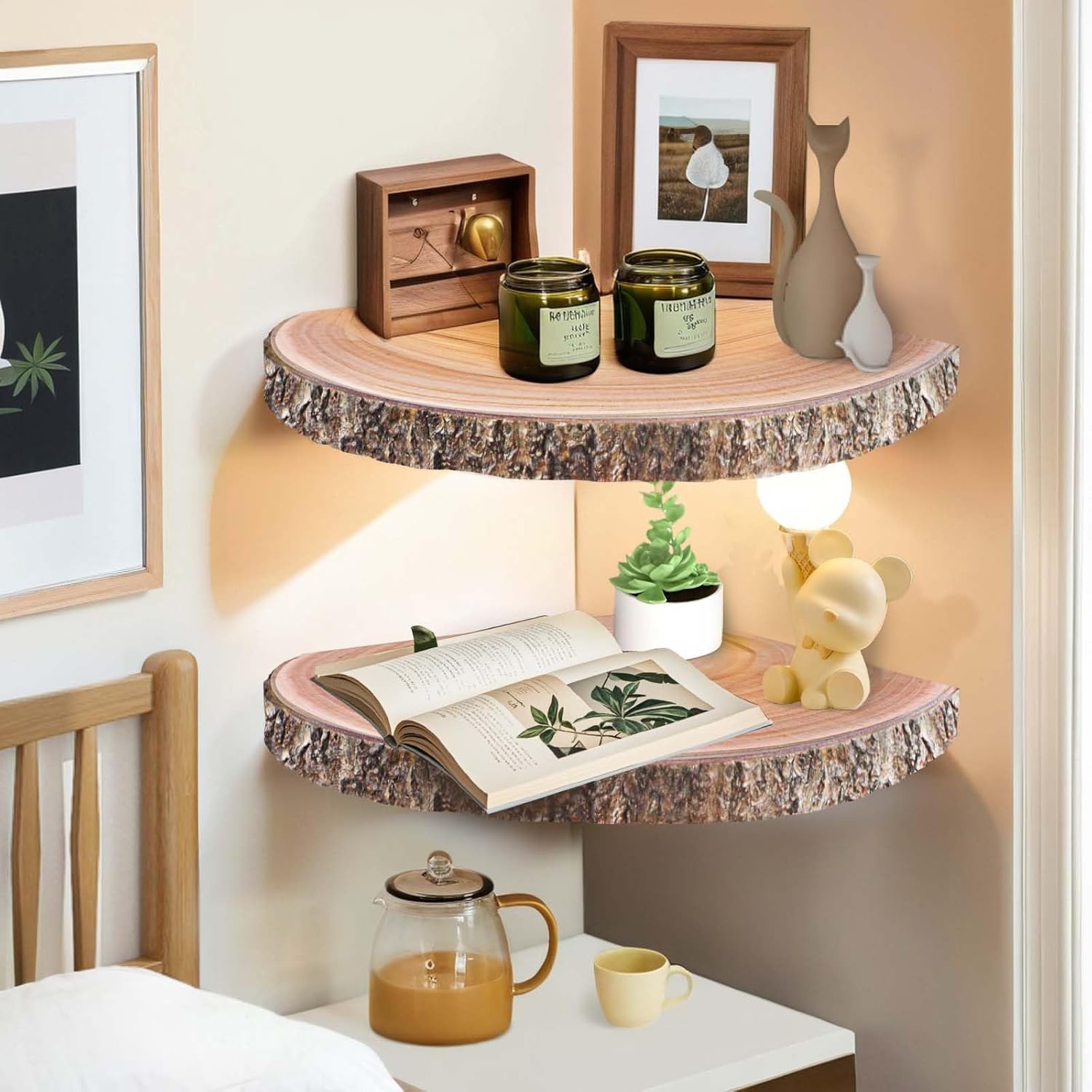 OriCre 2Pcs Large Corner Floating Wood Shelves