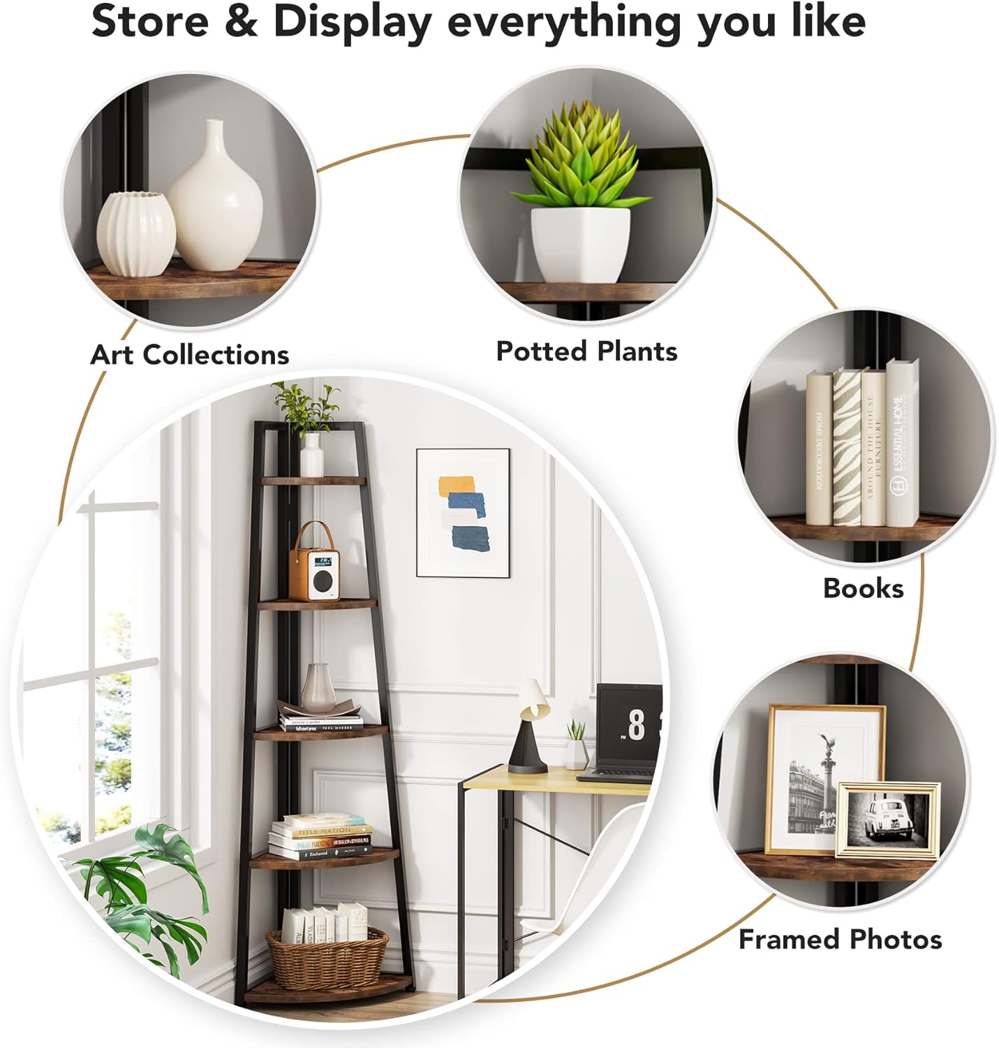 LITTLE TREE 5 Tier Tall Corner Bookshelf for Small Space