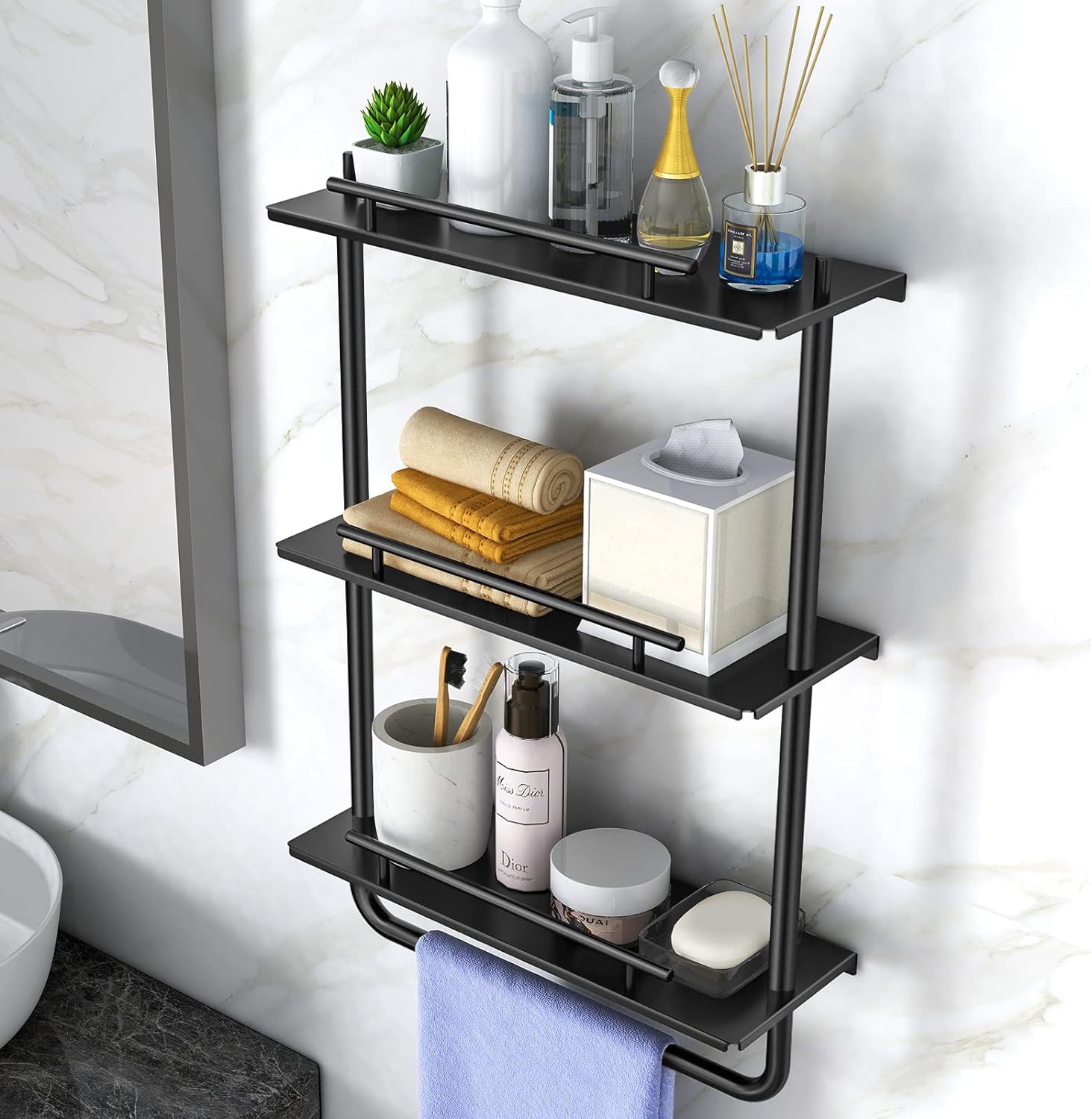 3 Tier Floating Shelves Black with Frame and Towel Rack