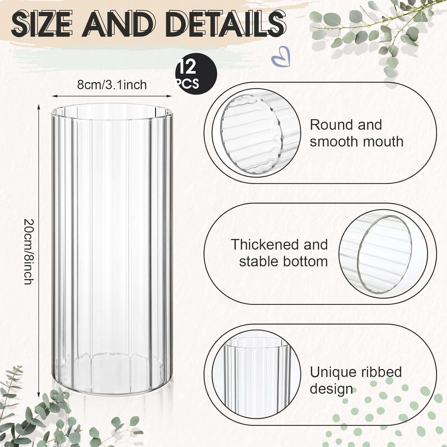 12 Pcs Clear Ribbed Glass Cylinder Vases for Centerpieces Wedding Home Decor
