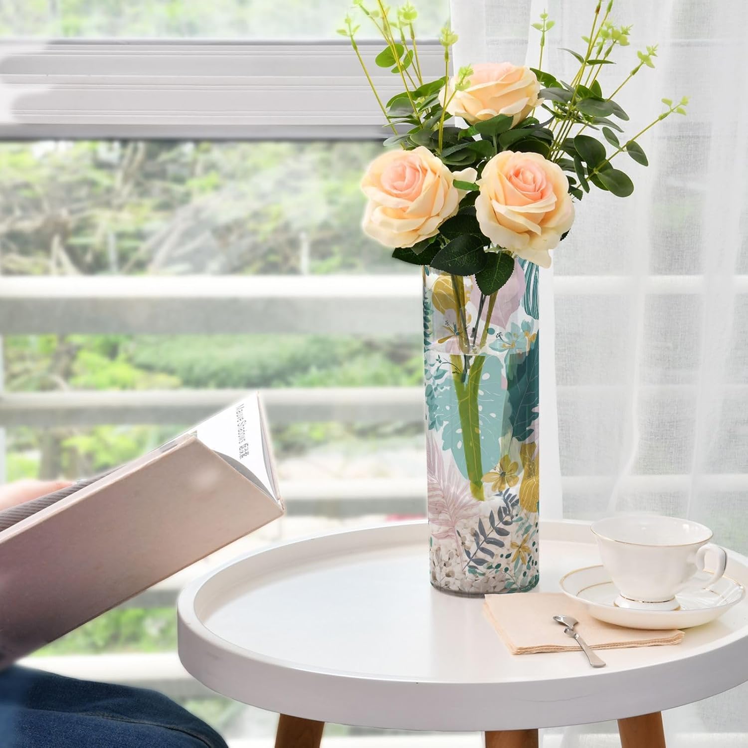 Tropical Leaves and Flowers Plastic Cylinder Vase 118 Inch Tall Clear Vase for Home Office Fireplace Decor