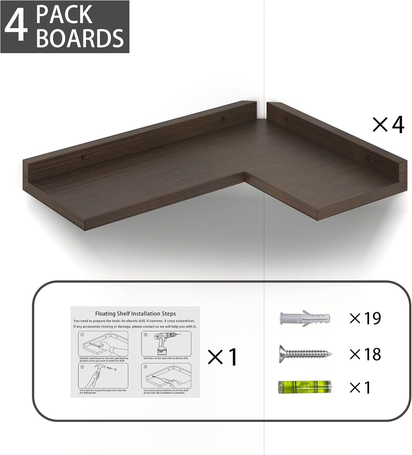 4 Tier Floating Corner Shelves Rustic Walnut