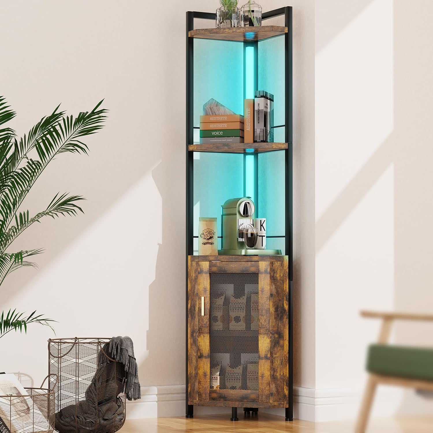 RGB Light Bar Iron Wood Corner Shelf Stand