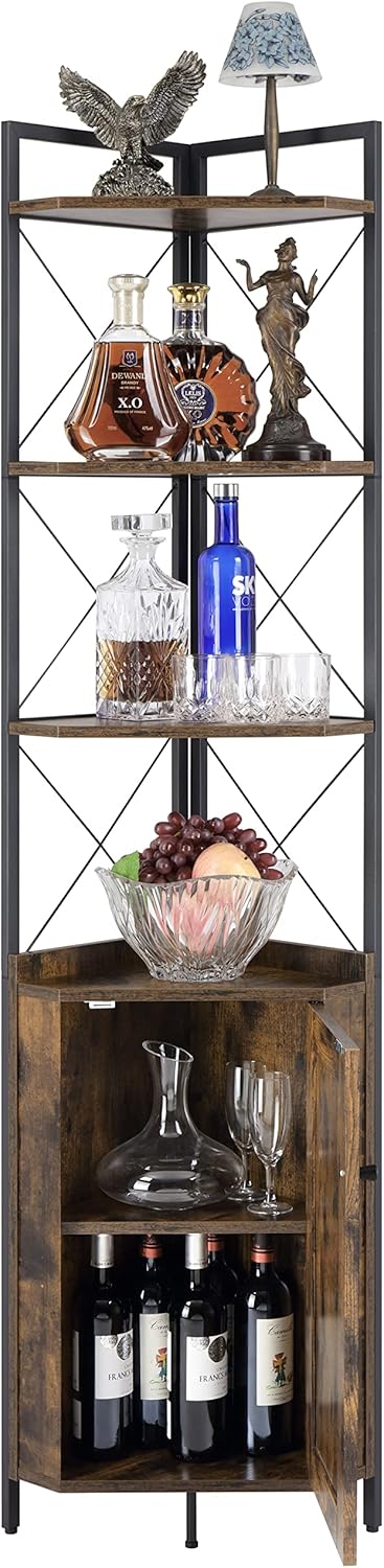 Finnhomy Corner Shelf with Cabinet 71 Inches Rustic Bookshelf
