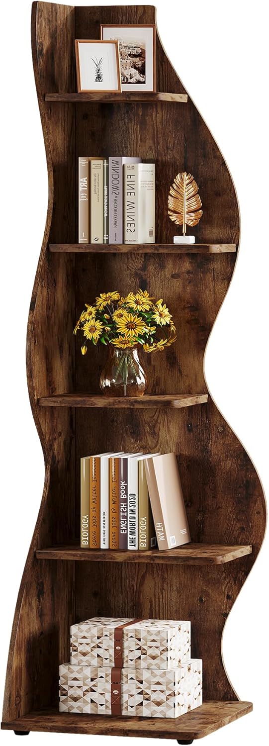 Tribesigns Wavy Corner Shelf 5-Tier Bookcase with Curvy Design for Modern Living Room