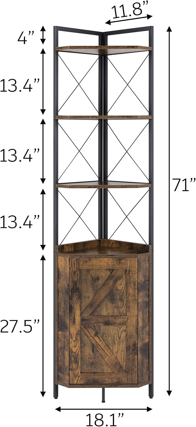 Finnhomy Corner Shelf with Cabinet 71 Inches Rustic Bookshelf