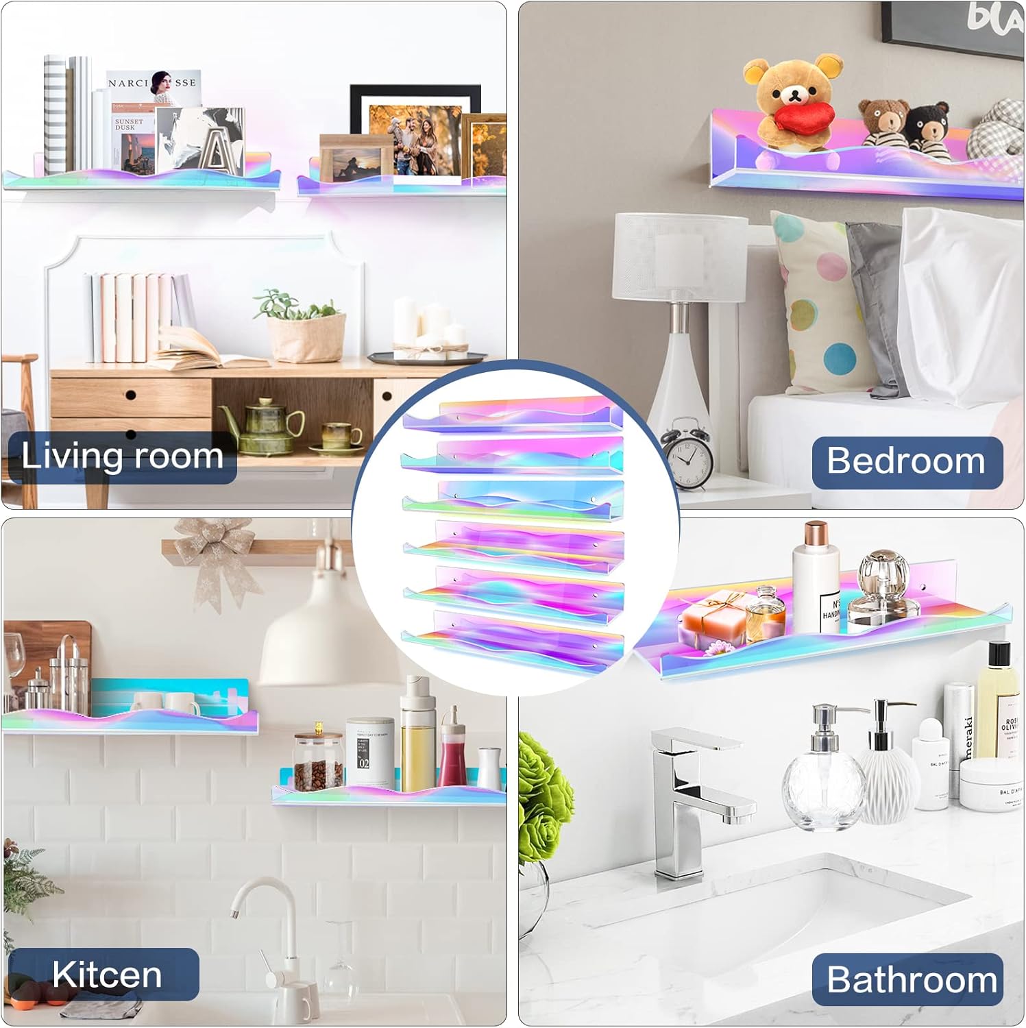 Iridescent Clear Floating Shelves 6 Pack for Home Display