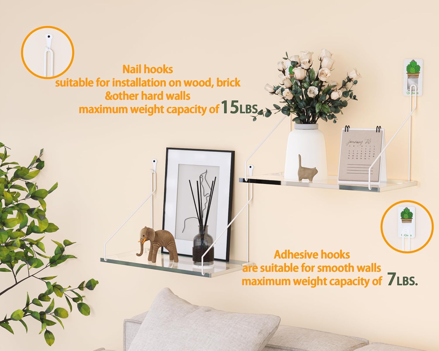 Clear Acrylic Floating Shelves No Drilling Needed Set of 2