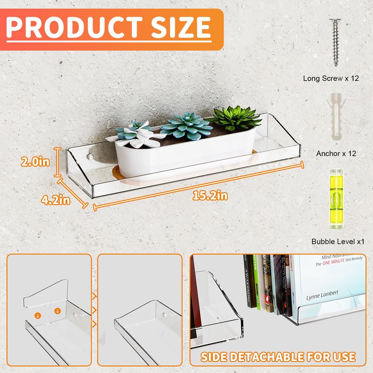 6 Pack Clear Floating Shelves for Wall Storage
