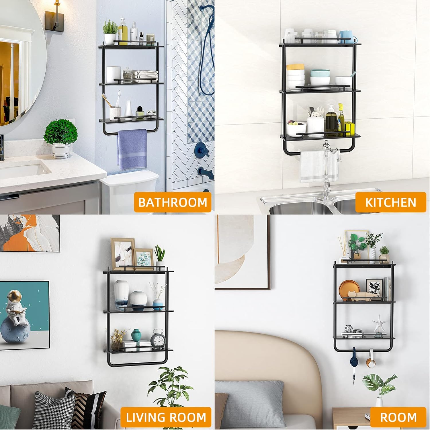 3 Tier Floating Shelves Black with Frame and Towel Rack