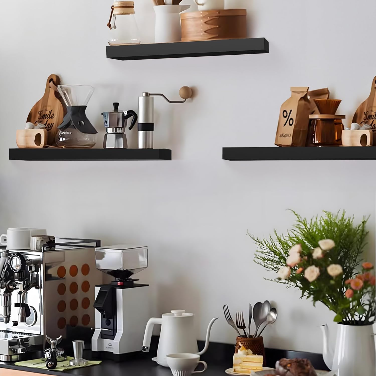 Colima Floating Wall Shelves Set of 3 Black Wood