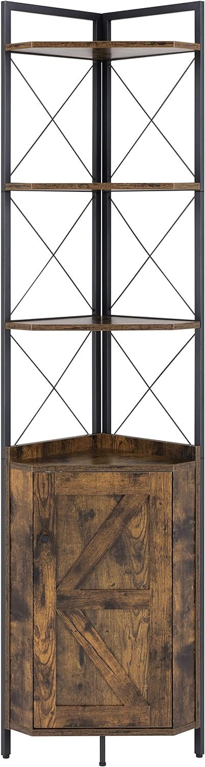 Finnhomy Corner Shelf with Cabinet 71 Inches Rustic Bookshelf