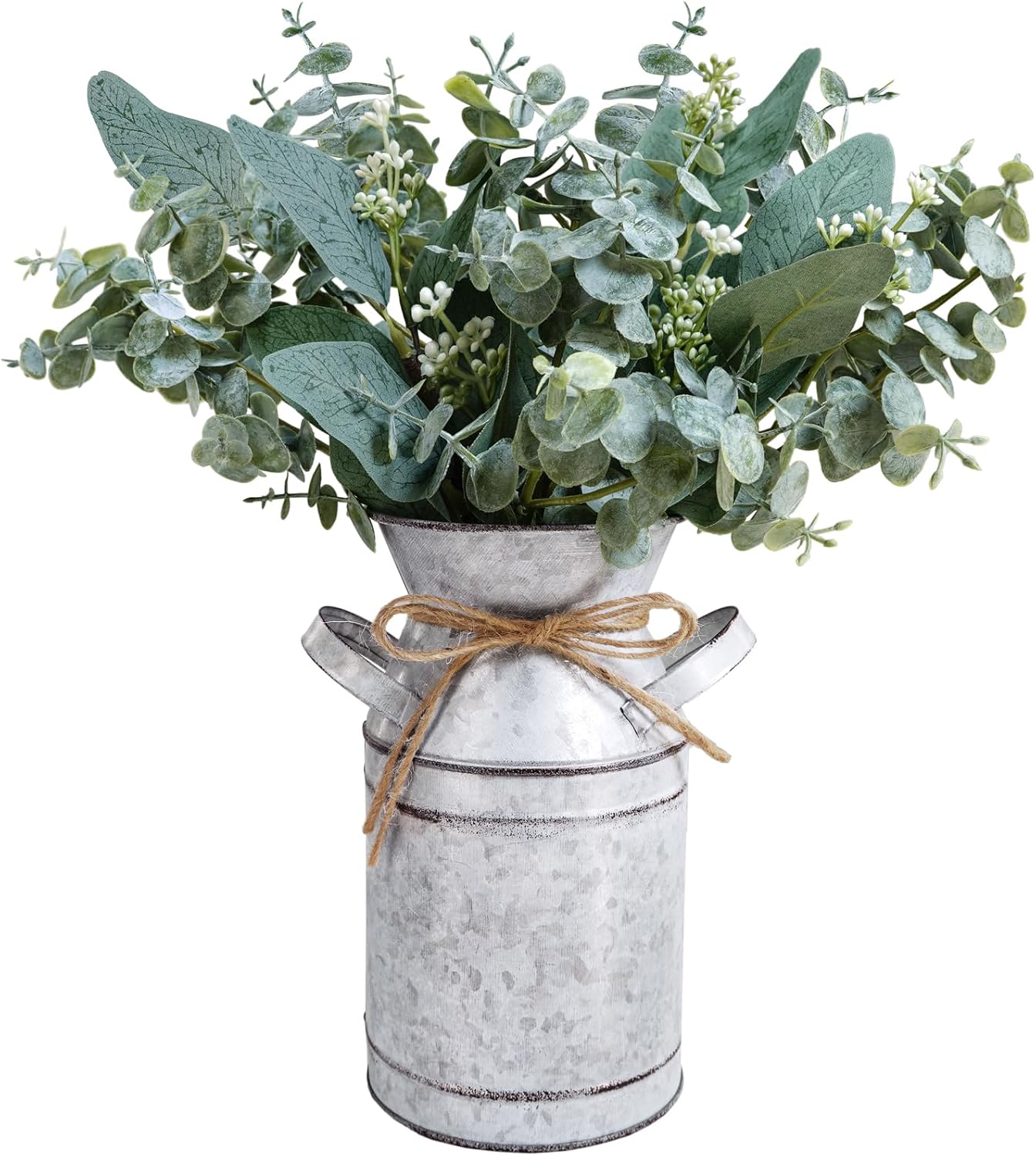 Winlyn Rustic Metal Milk Can Vase with Artificial Eucalyptus Stems