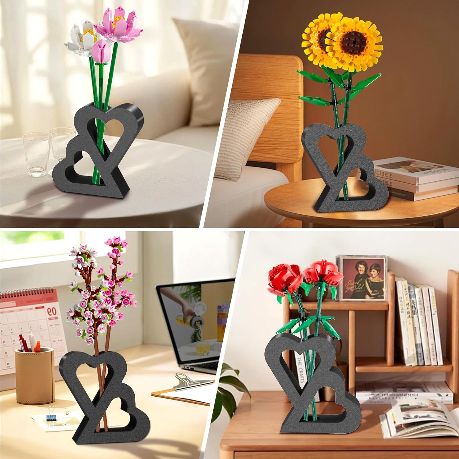 Double Heart Vase for LEGO Flower Display - Black
