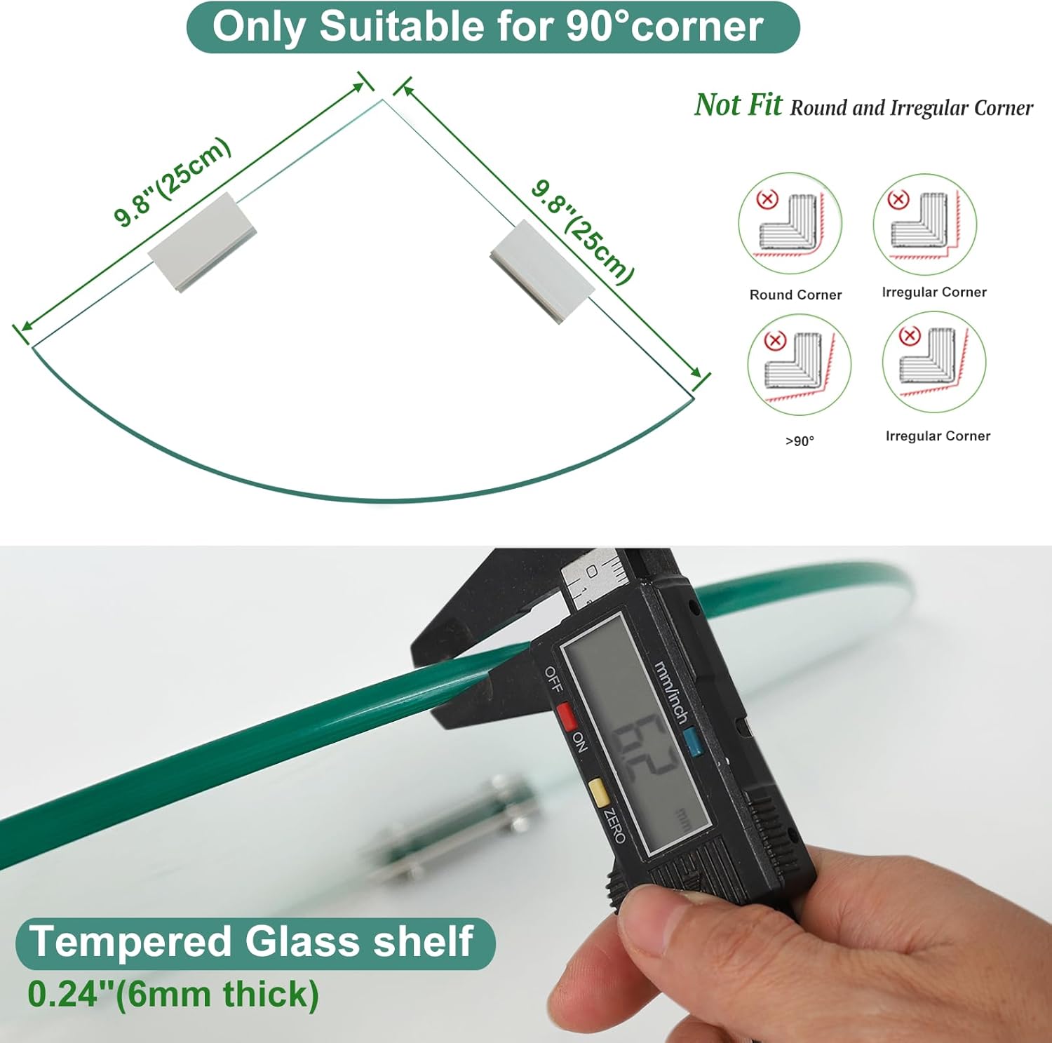 2-Pack Tempered Glass Corner Shower Shelves with Aluminum Brackets