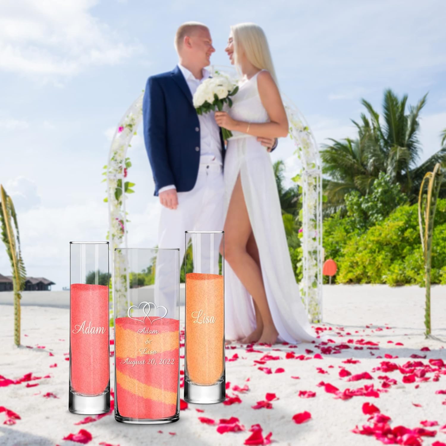 Personalized Unity Sand Ceremony Set with Double Heart Vases