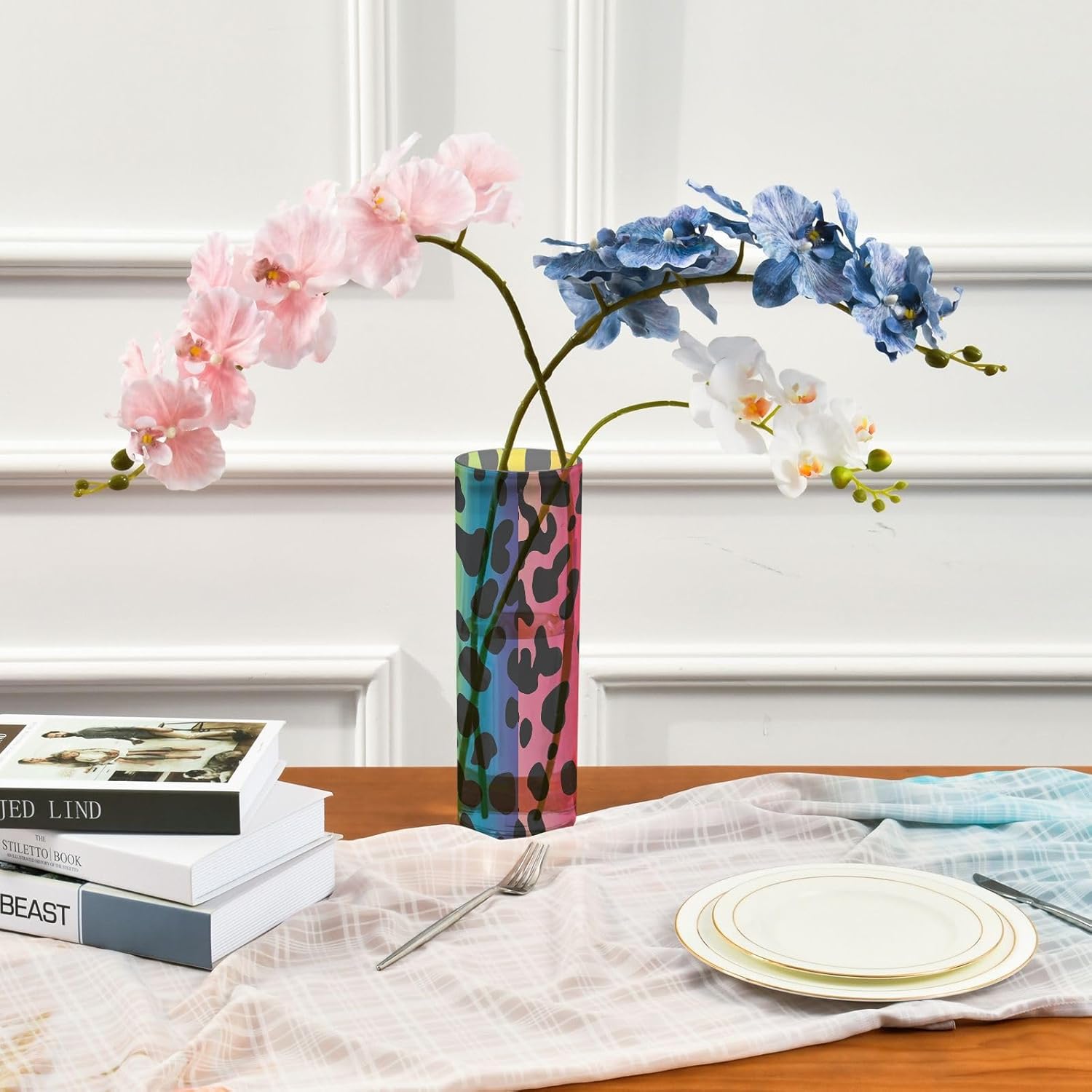 Chic Rainbow Leopard Print Plastic Cylinder Vase 118 x 39 Inch Decorative