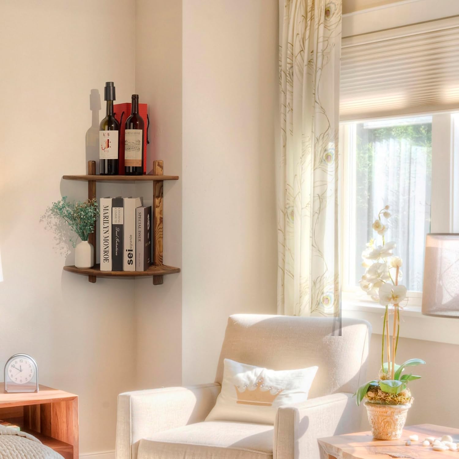 Floating Corner Shelf Wood Bookshelf for Living Room Bedroom Kitchen