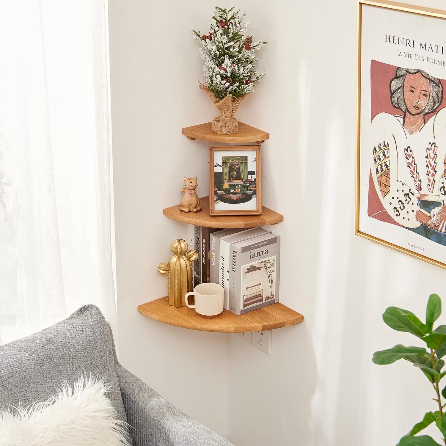 Natural Oak Corner Shelf 14 Inches Floating Display Shelf